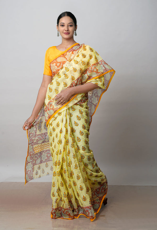 Pale Yellow Pure  Block Printed Kota Cotton Saree-UNM72730