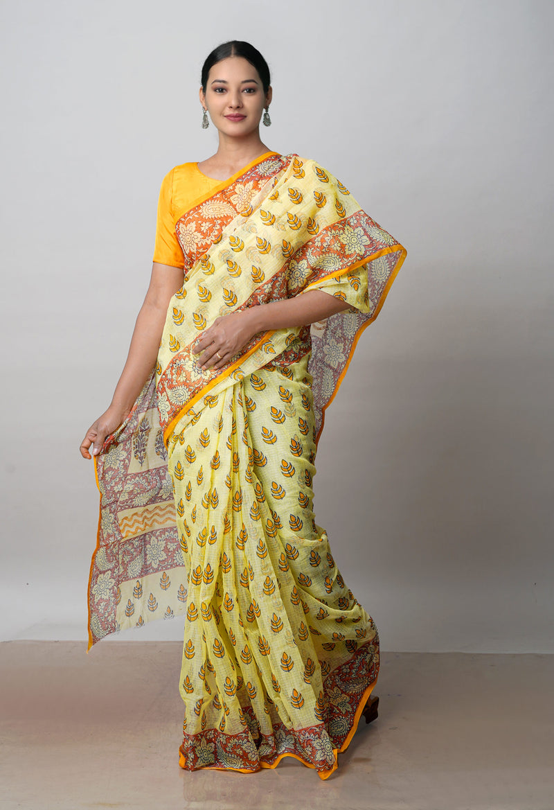 Pale Yellow Pure  Block Printed Kota Cotton Saree-UNM72730