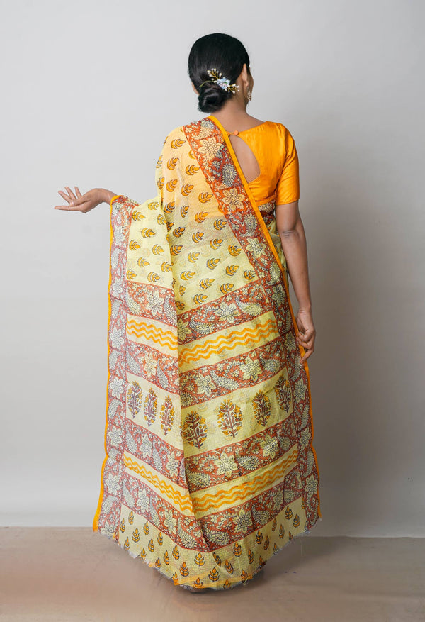 Pale Yellow Pure  Block Printed Kota Cotton Saree-UNM72730