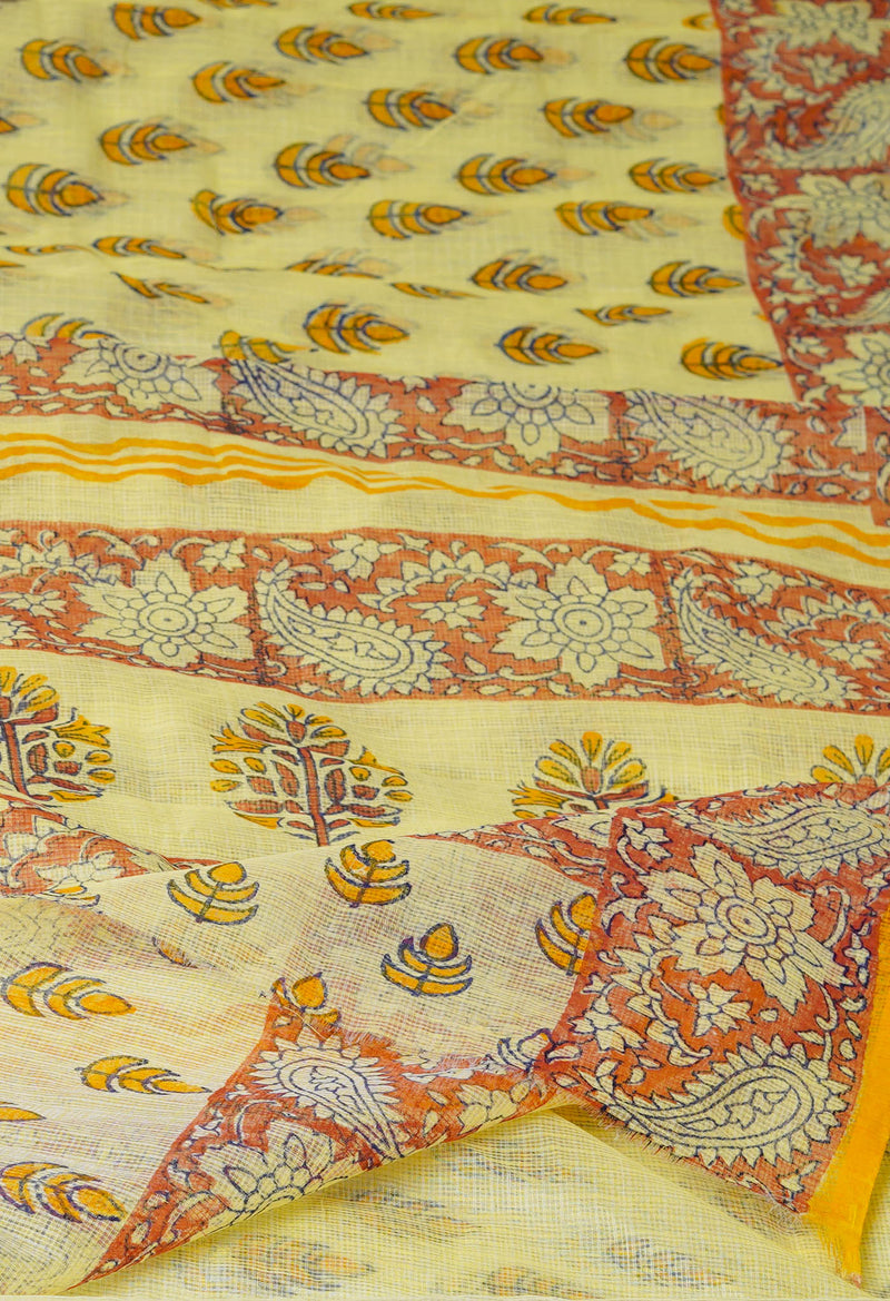 Pale Yellow Pure  Block Printed Kota Cotton Saree-UNM72730