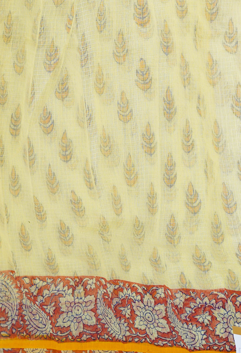 Pale Yellow Pure  Block Printed Kota Cotton Saree-UNM72730