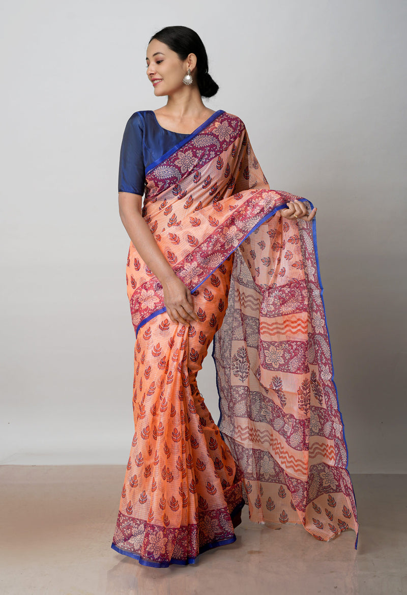 Peach Orange Pure  Block Printed Kota Cotton Saree-UNM72731