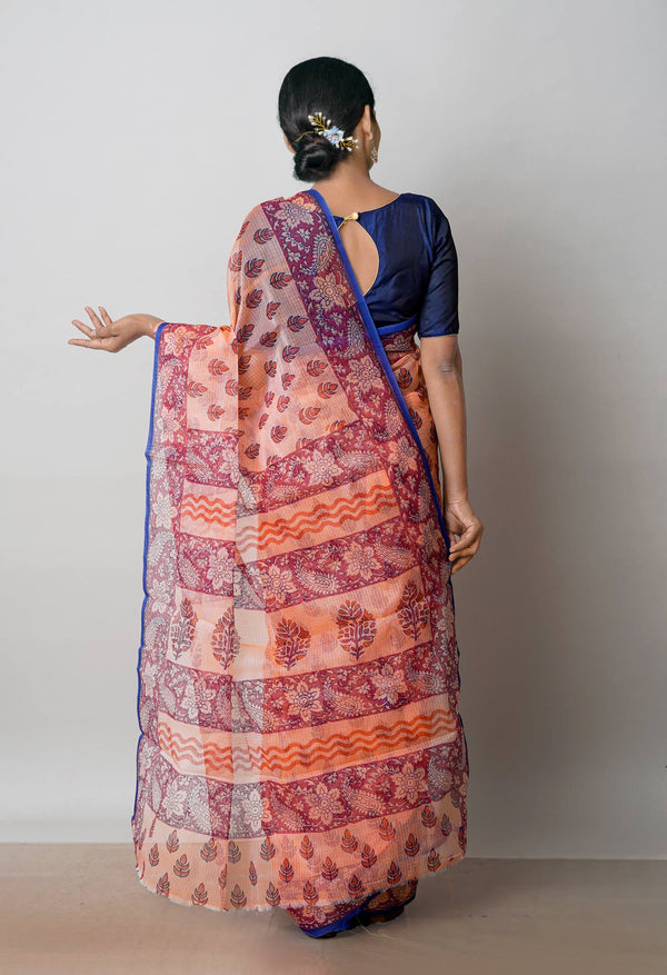 Peach Orange Pure  Block Printed Kota Cotton Saree-UNM72731
