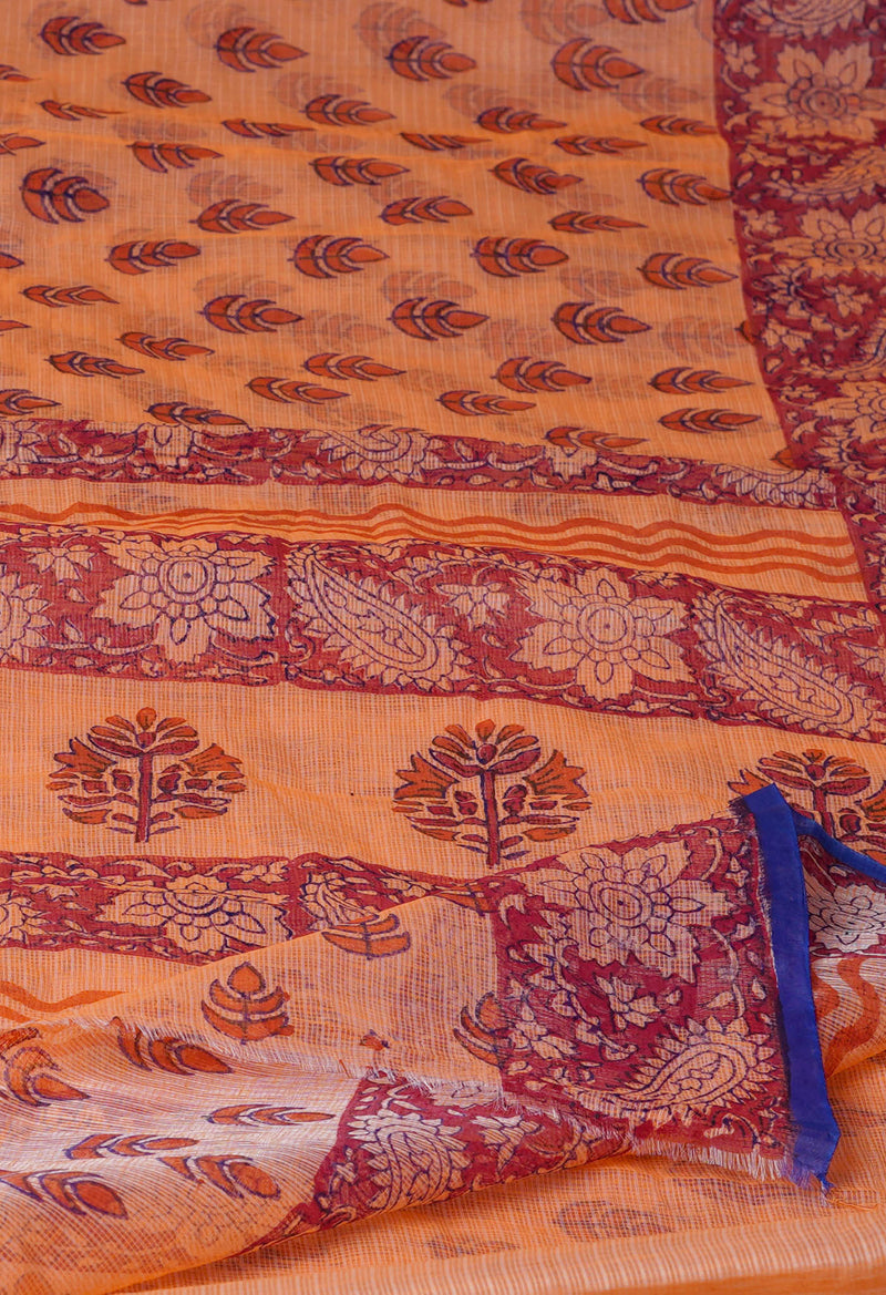 Peach Orange Pure  Block Printed Kota Cotton Saree-UNM72731