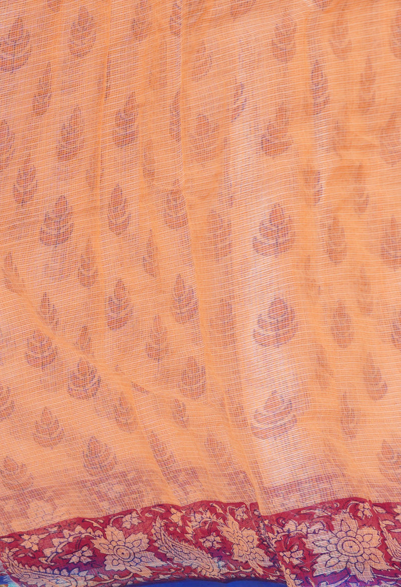 Peach Orange Pure  Block Printed Kota Cotton Saree-UNM72731