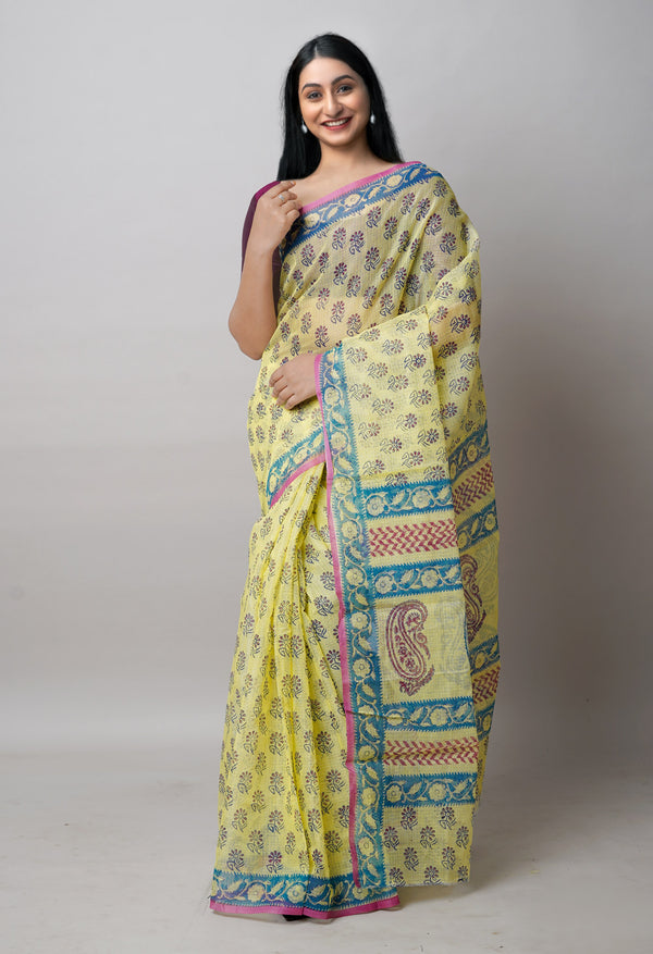 Pale Yellow Pure  Block Printed Kota Cotton Saree-UNM72732