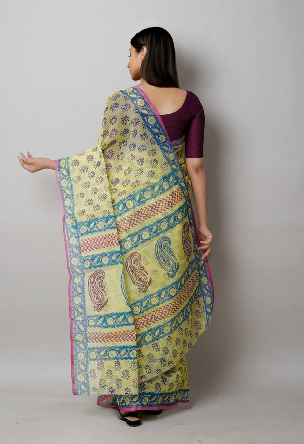 Pale Yellow Pure  Block Printed Kota Cotton Saree-UNM72732