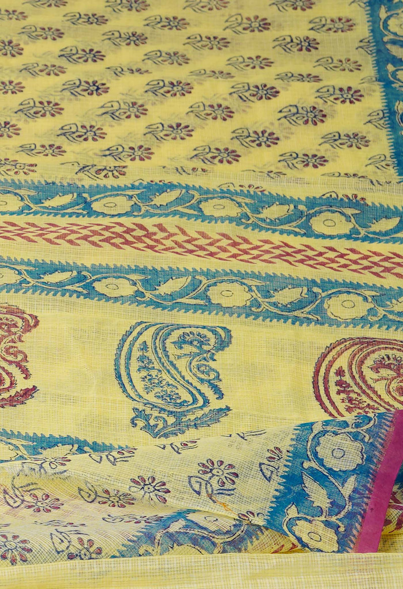 Pale Yellow Pure  Block Printed Kota Cotton Saree-UNM72732