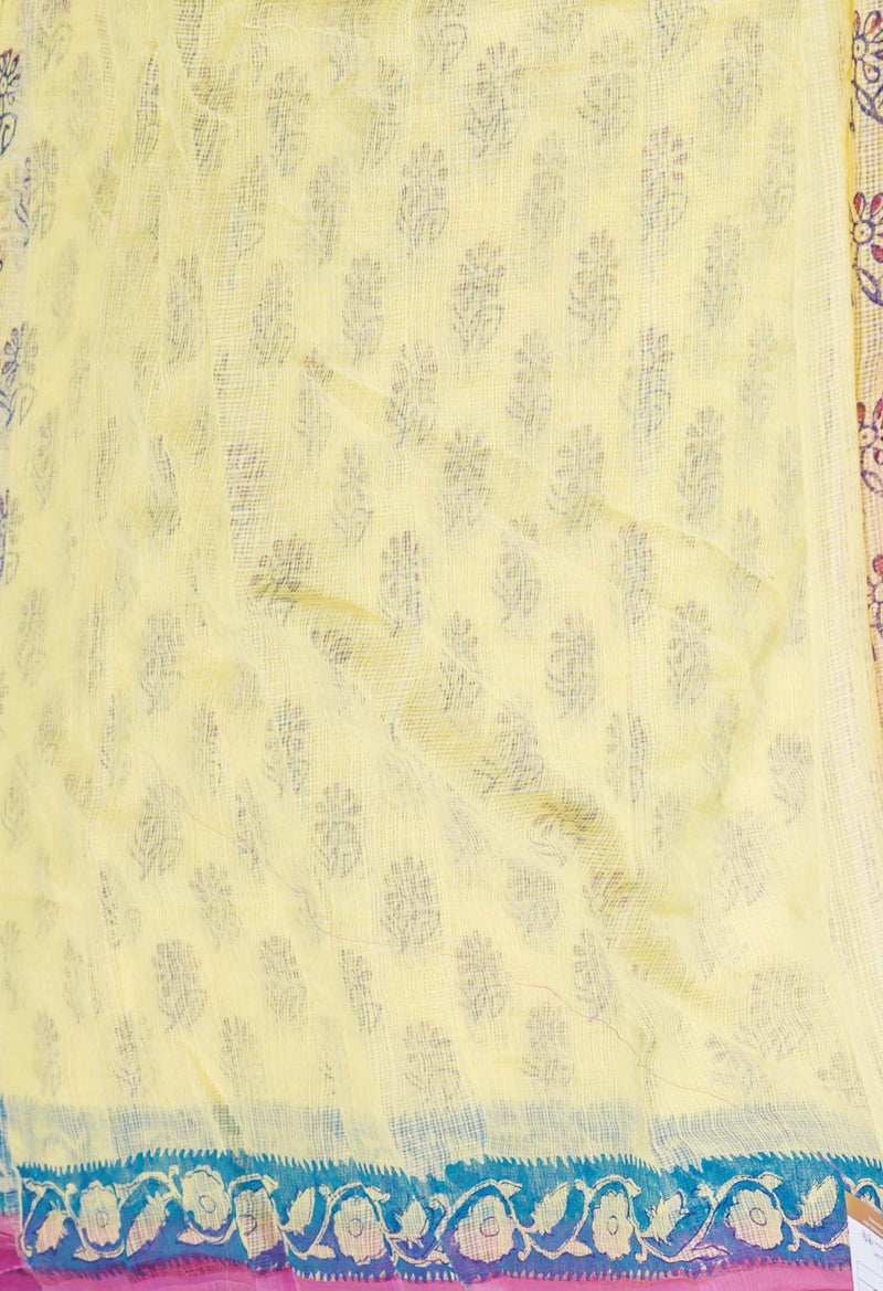Pale Yellow Pure  Block Printed Kota Cotton Saree-UNM72732