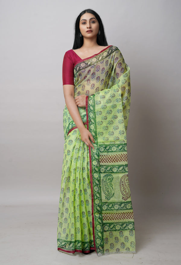 Green Pure  Block Printed Kota Cotton Saree-UNM72733
