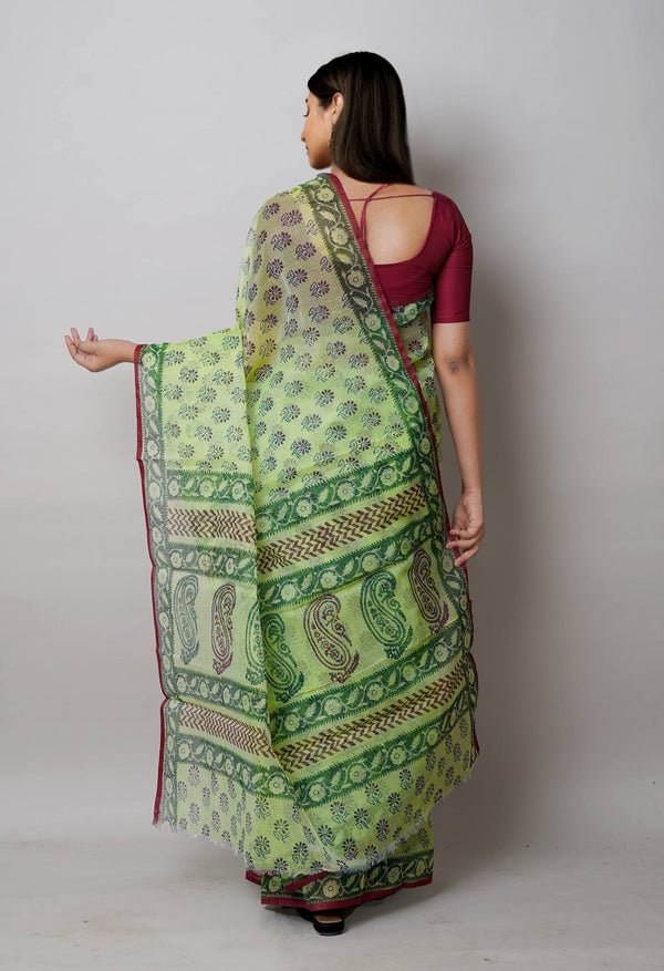 Green Pure  Block Printed Kota Cotton Saree-UNM72733