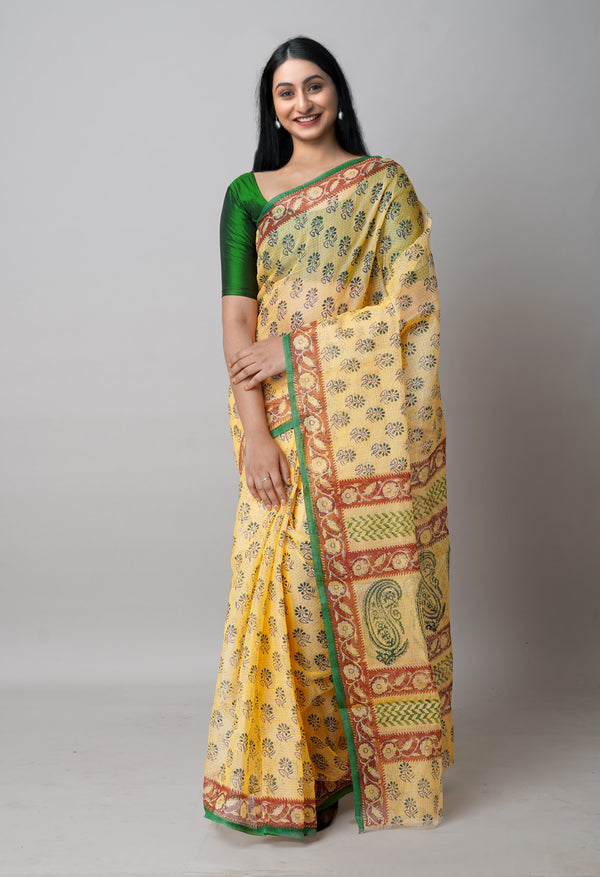 Cream Pure  Block Printed Kota Cotton Saree-UNM72734