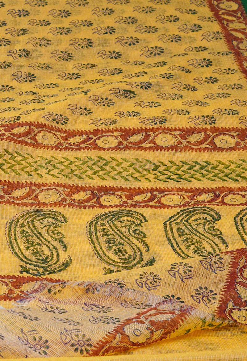 Cream Pure  Block Printed Kota Cotton Saree-UNM72734