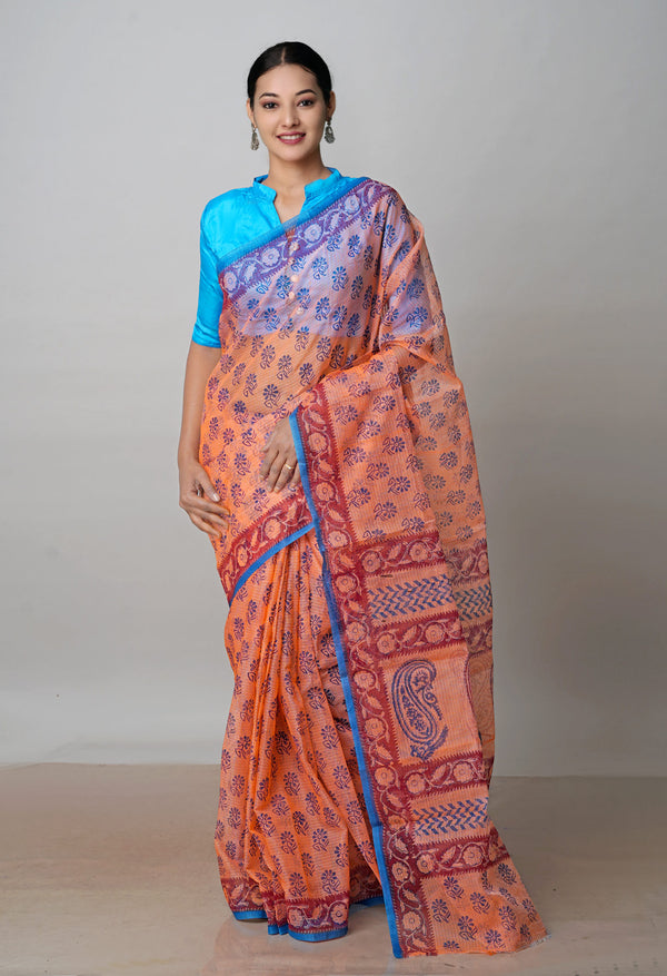 Peach Orange Pure  Block Printed Kota Cotton Saree-UNM72735