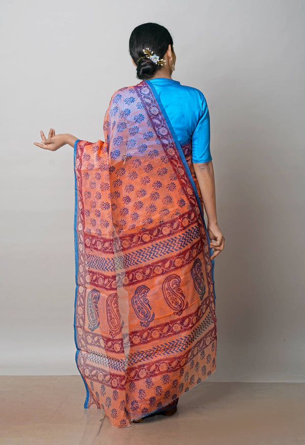 Peach Orange Pure  Block Printed Kota Cotton Saree-UNM72735
