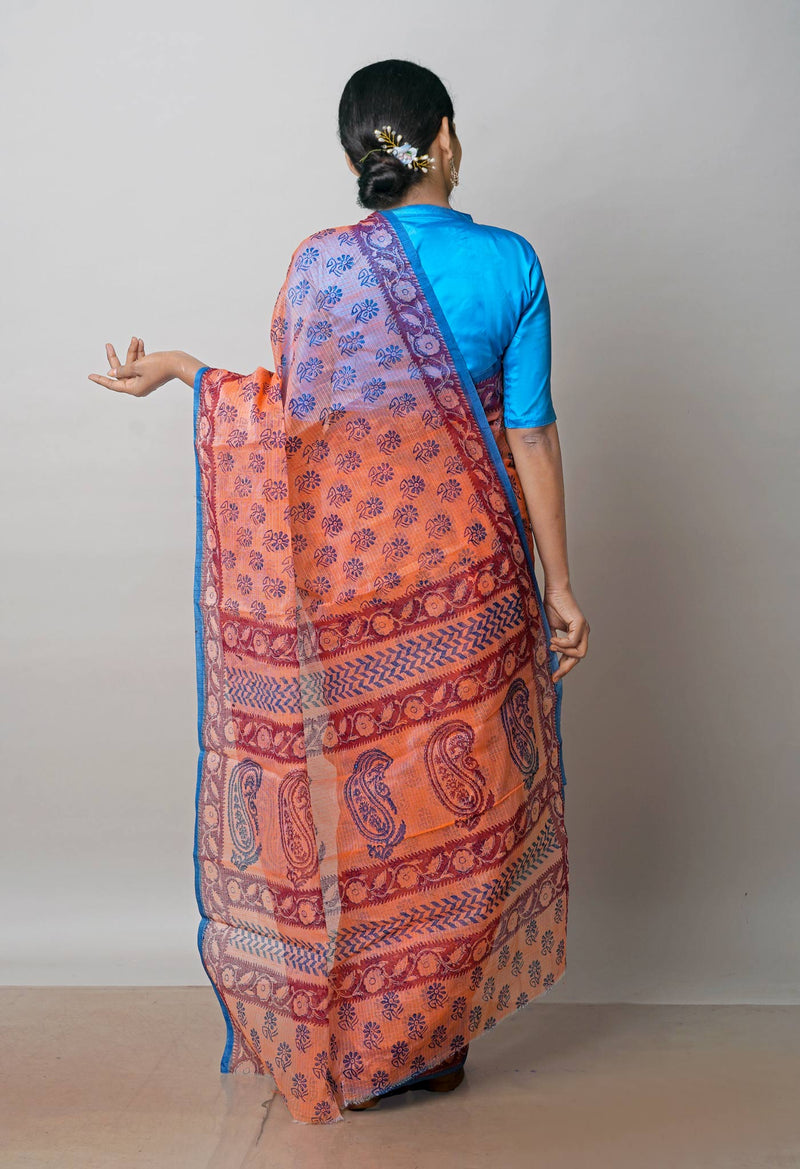 Peach Orange Pure  Block Printed Kota Cotton Saree-UNM72735