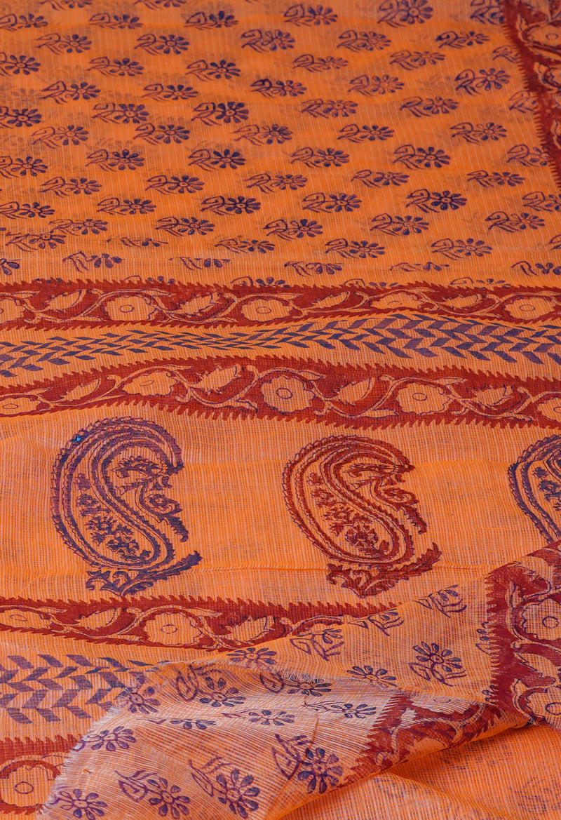 Peach Orange Pure  Block Printed Kota Cotton Saree-UNM72735