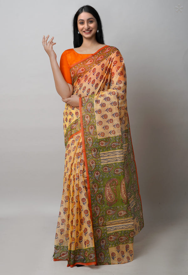 Cream Pure  Block Printed Kota Cotton Saree-UNM72736