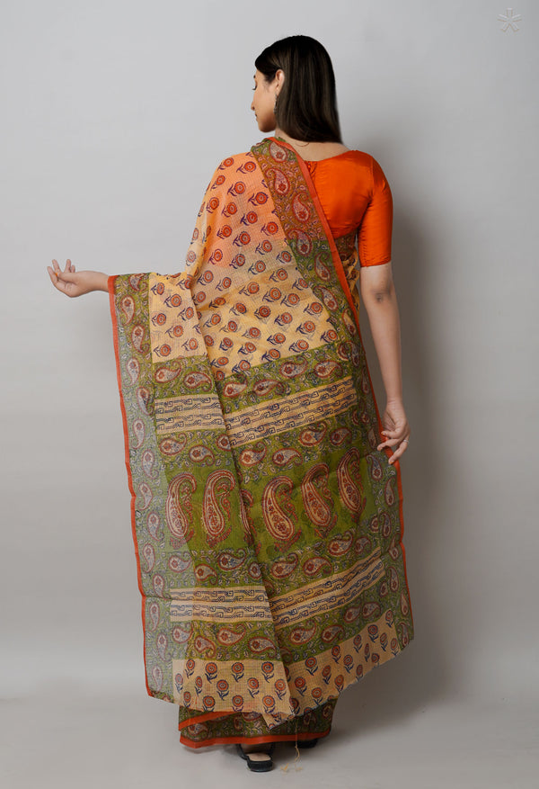Cream Pure  Block Printed Kota Cotton Saree-UNM72736