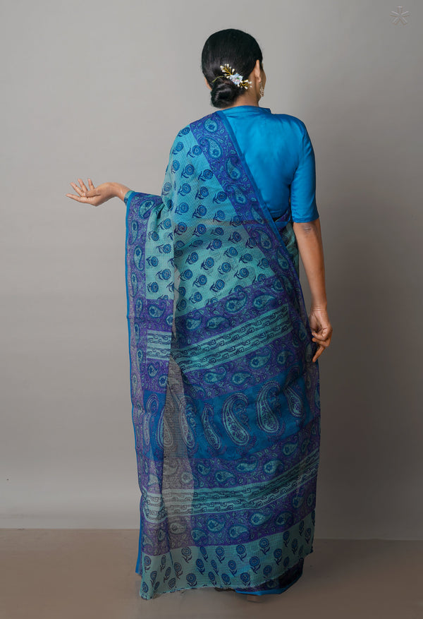 Turquoise Blue Pure  Block Printed Kota Cotton Saree-UNM72737