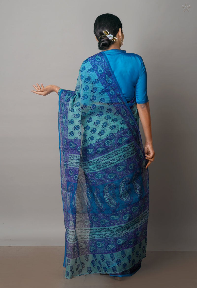 Turquoise Blue Pure  Block Printed Kota Cotton Saree-UNM72737