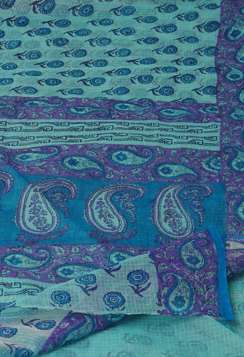 Turquoise Blue Pure  Block Printed Kota Cotton Saree-UNM72737