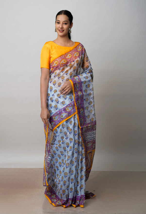 Grey Pure  Block Printed Kota Cotton Saree-UNM72738