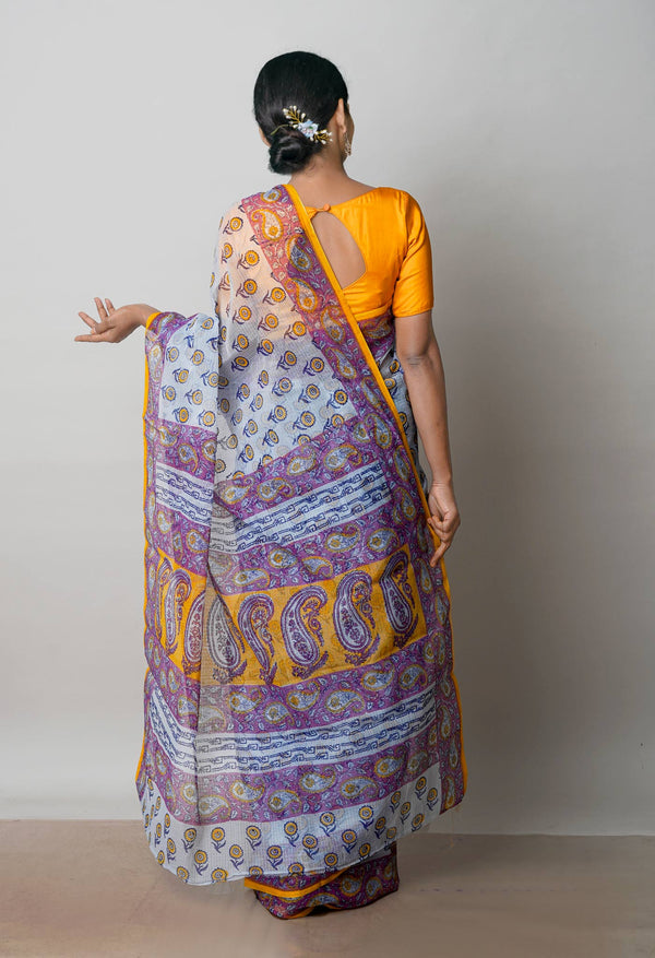 Grey Pure  Block Printed Kota Cotton Saree-UNM72738