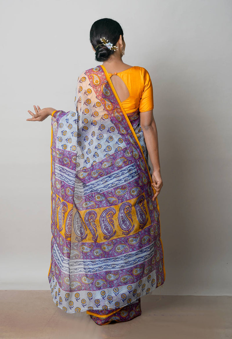 Grey Pure  Block Printed Kota Cotton Saree-UNM72738