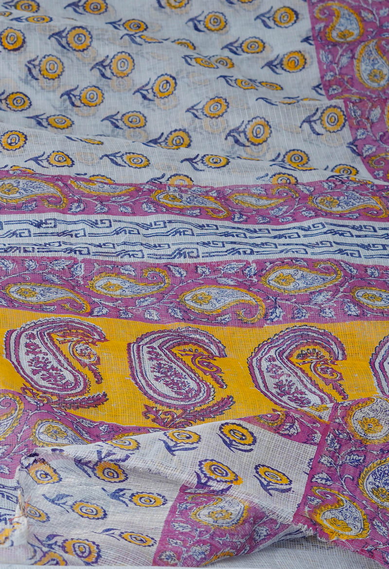 Grey Pure  Block Printed Kota Cotton Saree-UNM72738