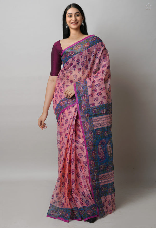 Pink Pure  Block Printed Kota Cotton Saree-UNM72739