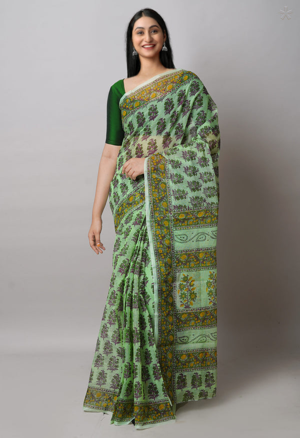 Green Pure  Block Printed Kota Cotton Saree-UNM72740