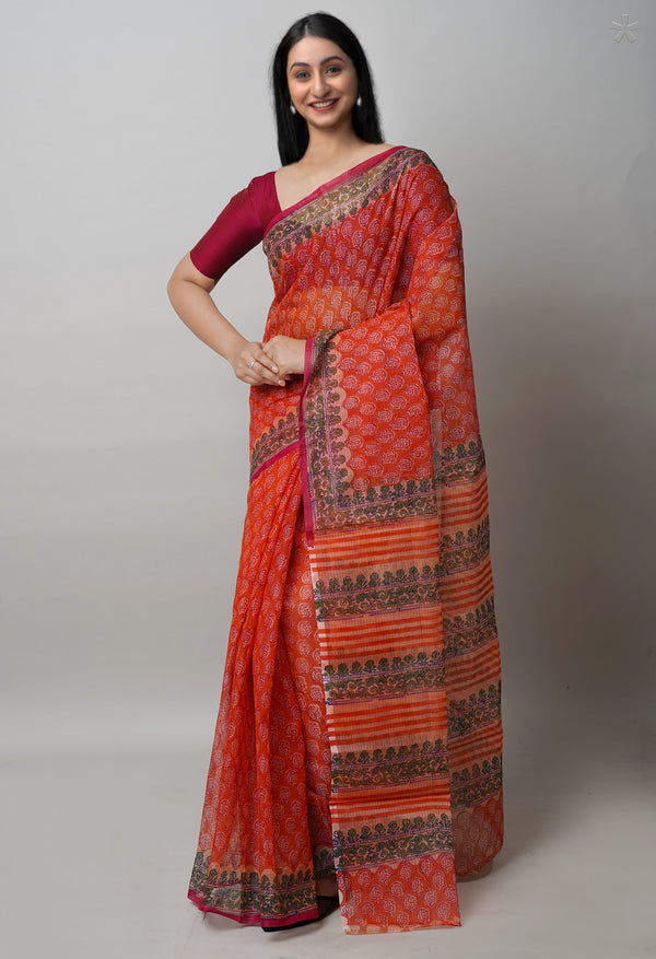 Orange Pure  Block Printed Kota Cotton Saree-UNM72741