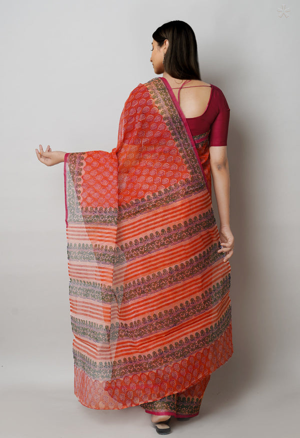 Orange Pure  Block Printed Kota Cotton Saree-UNM72741