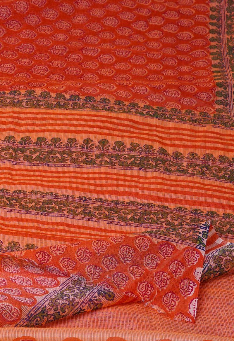 Orange Pure  Block Printed Kota Cotton Saree-UNM72741