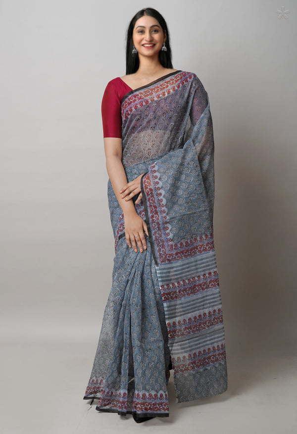 Grey Pure  Block Printed Kota Cotton Saree-UNM72742