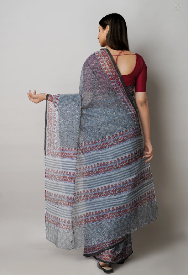 Grey Pure  Block Printed Kota Cotton Saree-UNM72742