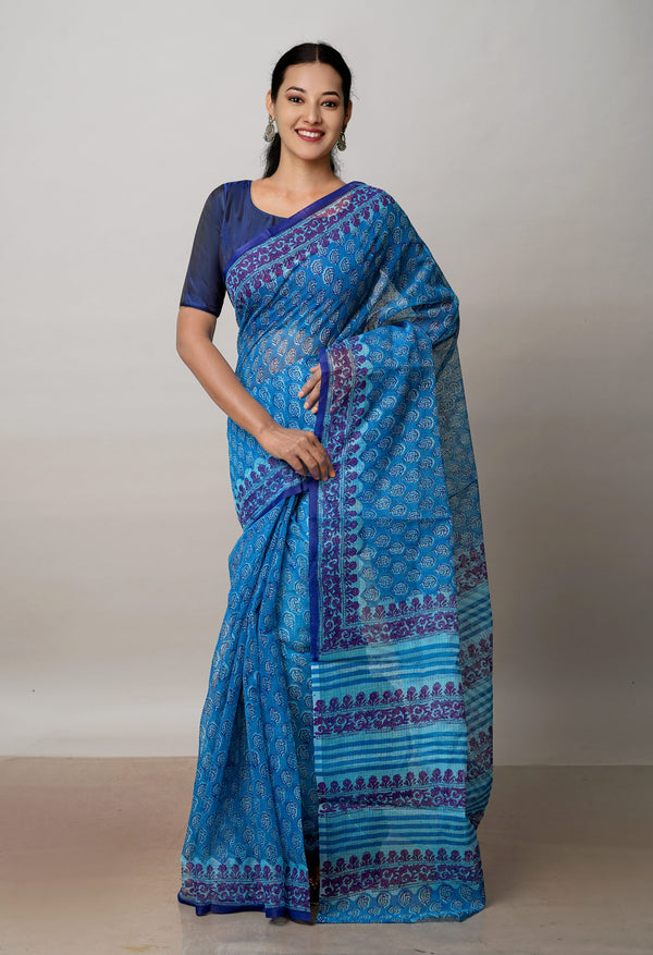 Blue Pure  Block Printed Kota Cotton Saree-UNM72743