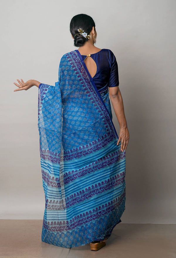 Blue Pure  Block Printed Kota Cotton Saree-UNM72743
