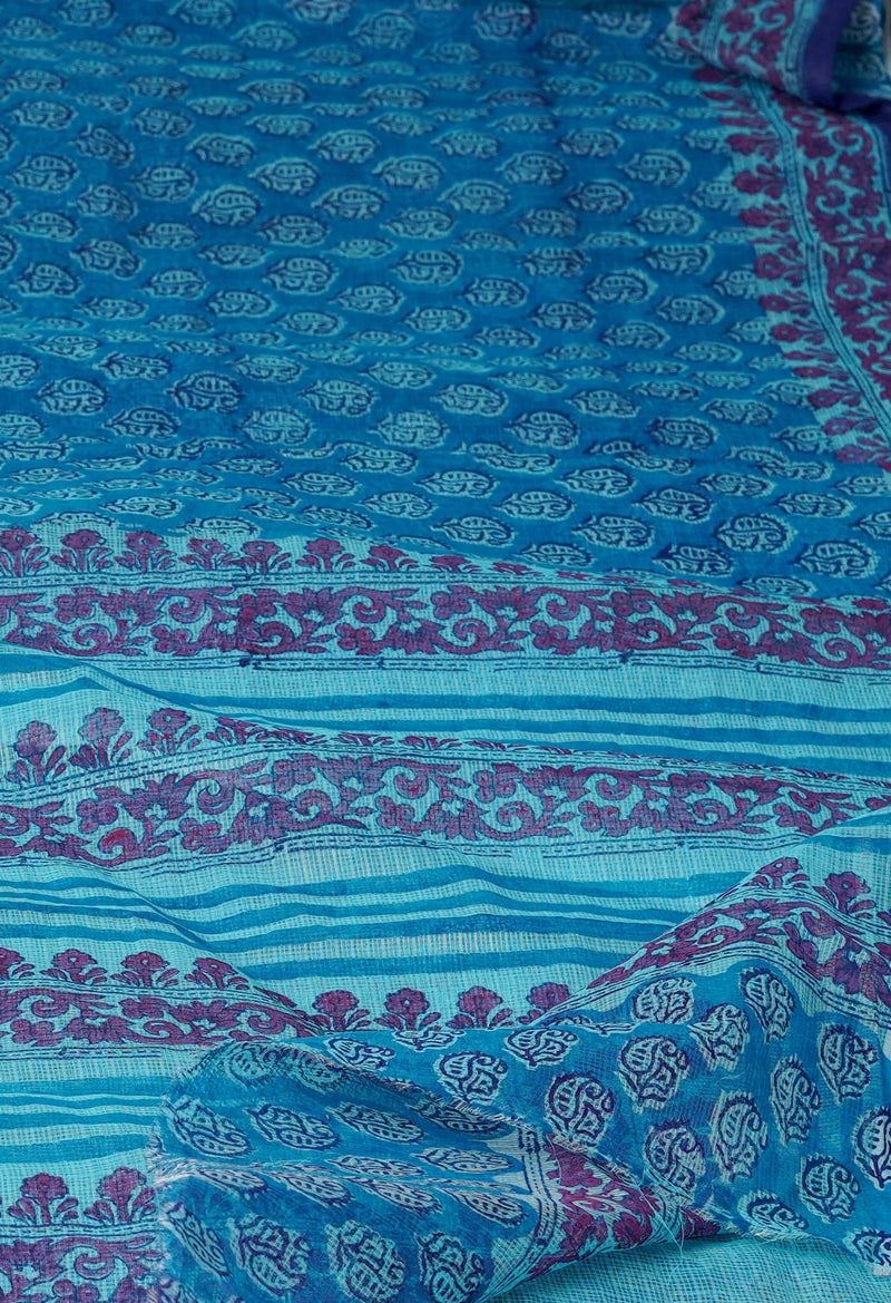 Blue Pure  Block Printed Kota Cotton Saree-UNM72743