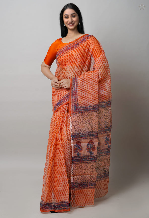 Peach Orange Pure  Block Printed Kota Cotton Saree-UNM72744