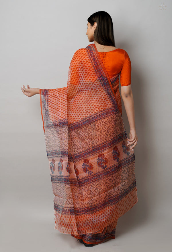 Peach Orange Pure  Block Printed Kota Cotton Saree-UNM72744