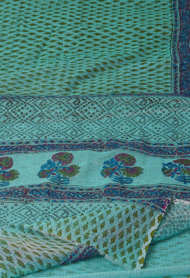 Turquoise Blue Pure  Block Printed Kota Cotton Saree-UNM72745