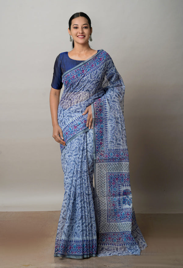 Grey Pure  Block Printed Kota Cotton Saree-UNM72746