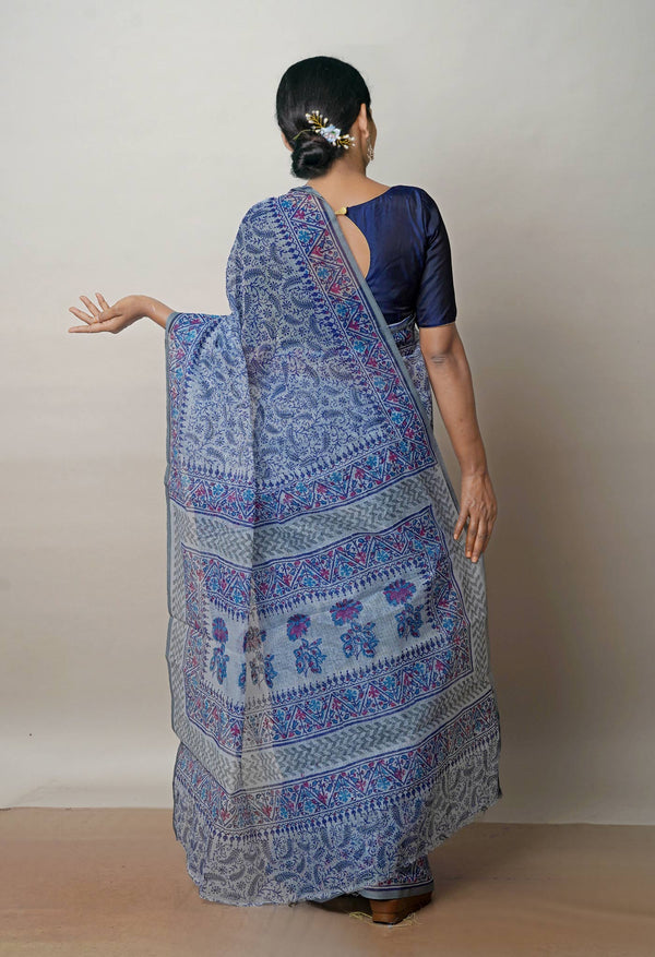 Grey Pure  Block Printed Kota Cotton Saree-UNM72746