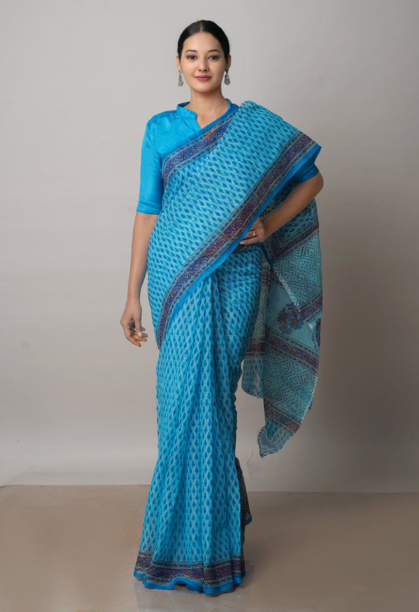 Blue Pure  Block Printed Kota Cotton Saree-UNM72748