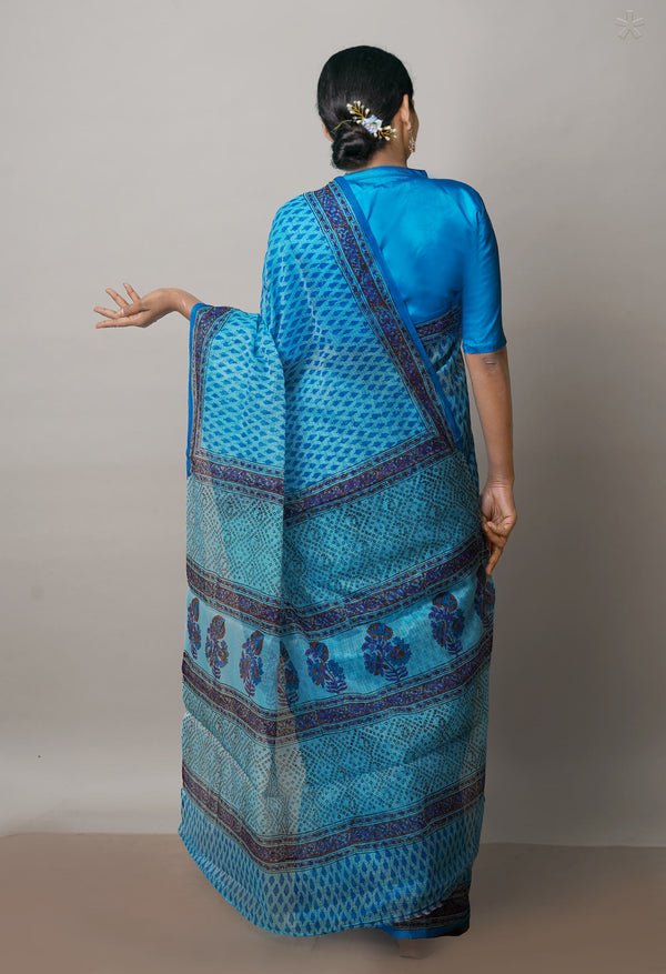 Blue Pure  Block Printed Kota Cotton Saree-UNM72748