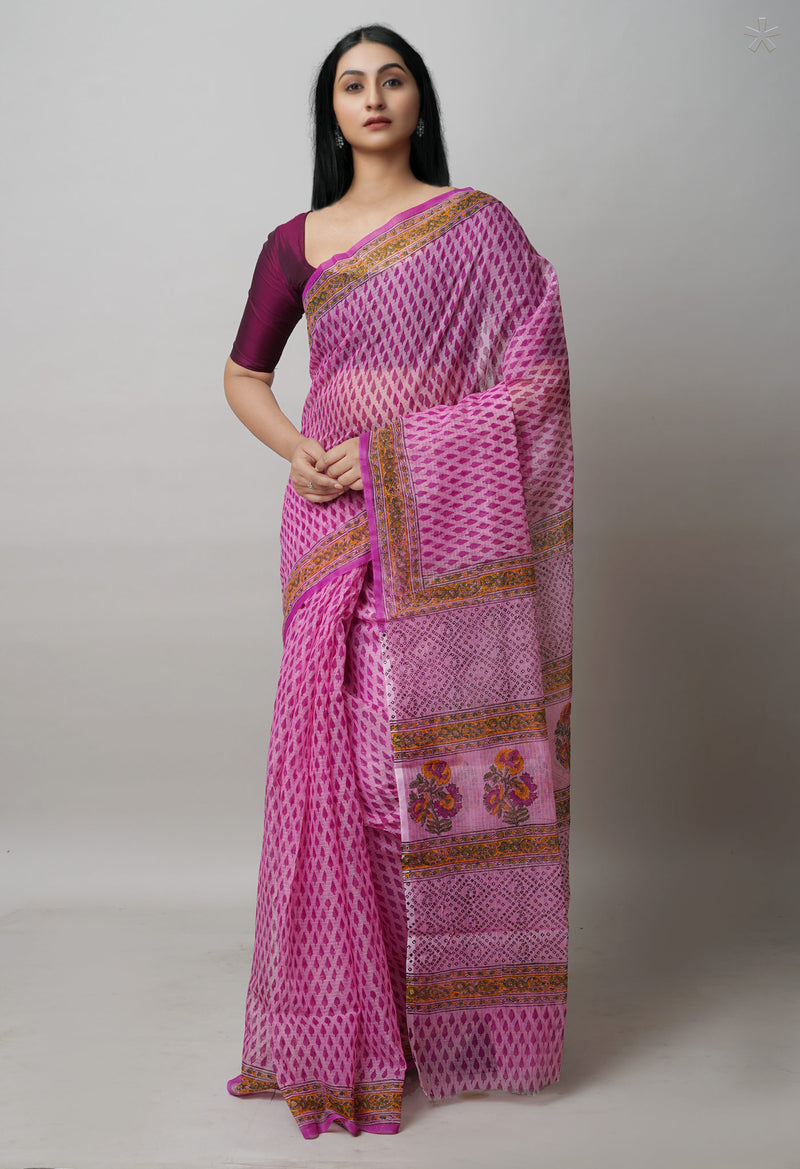 Pink Pure  Block Printed Kota Cotton Saree-UNM72749