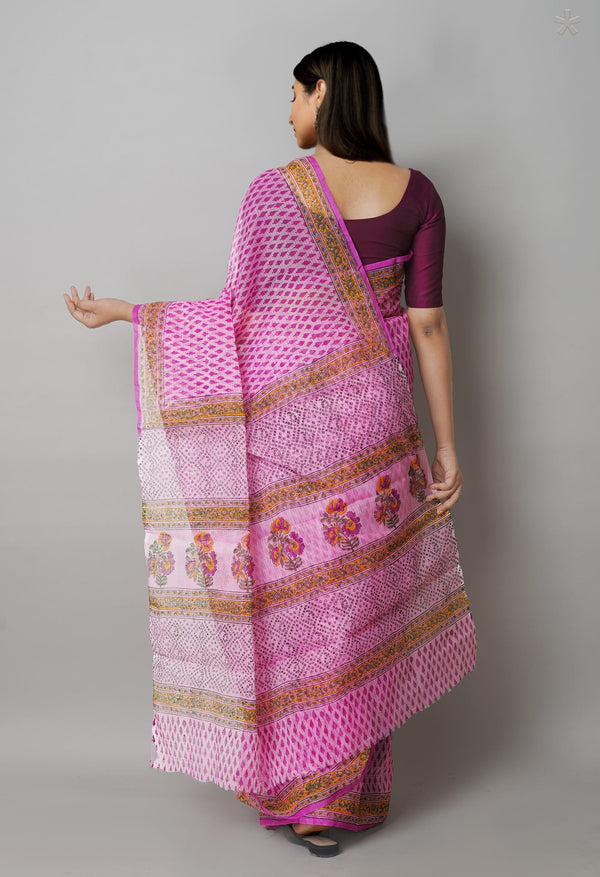 Pink Pure  Block Printed Kota Cotton Saree-UNM72749