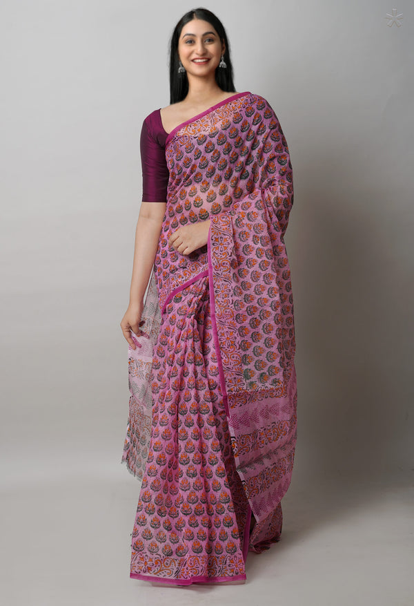 Peach Pink Pure  Block Printed Kota Cotton Saree-UNM72750